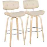 Lombardi 30" Swivel Bar Stool in Natural Wood & Cream Leatherette with Chrome Footrest (Set of 2)